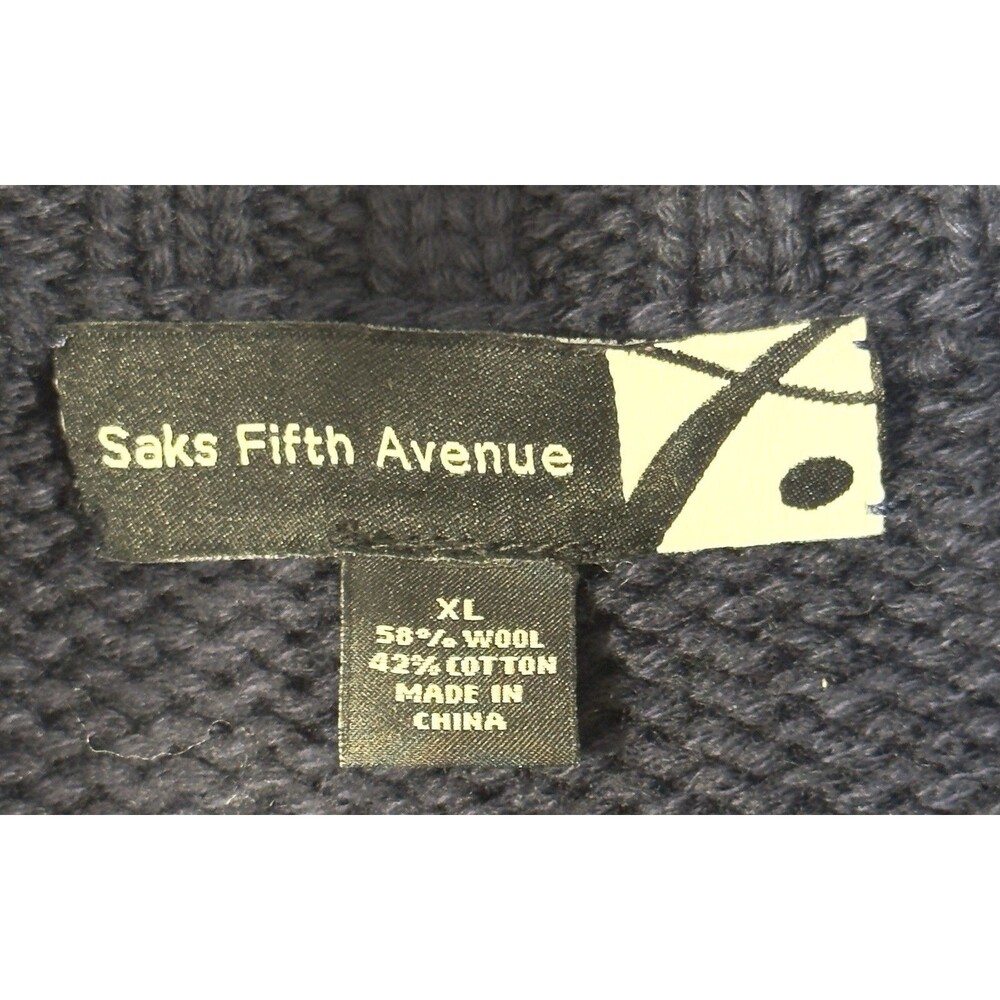 Saks Fifth Avenue Men XL Wool Cotton Full Zip Sweater Navy Geometric Fair Isle - Picture 7 of 8